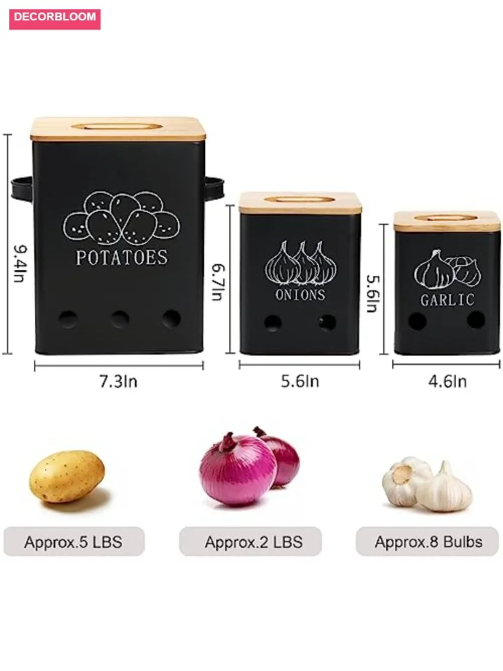 3 Pack Vegetable Storage Tins with Bamboo Lids, Potato Onion Garlic Canisters,